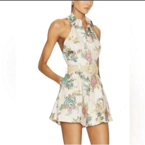 House of Harlow 1960 Pants - House of Harlow 1960 Size 2 Ivory Floral Linen Blend Halter Romper Woven Belt